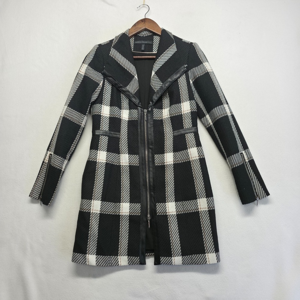 White House Black Market Black & White Full Zip Plaid Coat Size XXS
